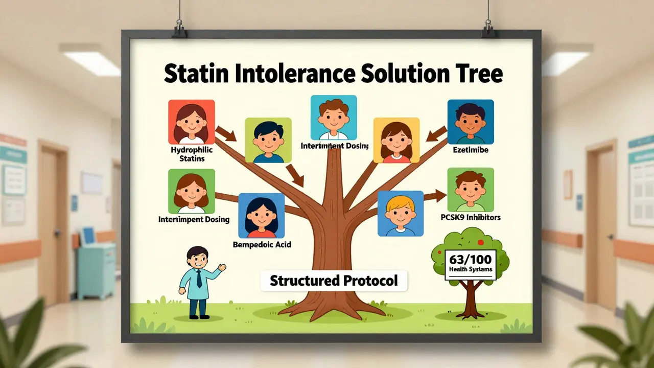 Infographic poster showing solutions for statin intolerance with smiling patients and LDL arrows.