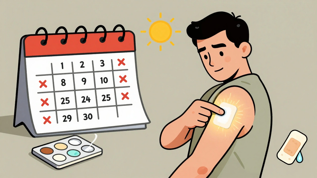 Man applying skin patch with weekly calendar and peeling patch illustration, in mid-century style