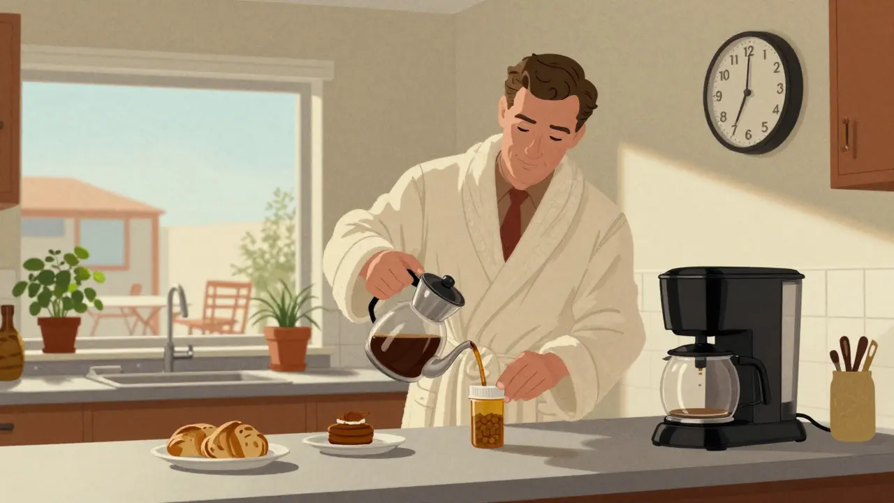 Man taking pill beside coffee maker during morning breakfast routine