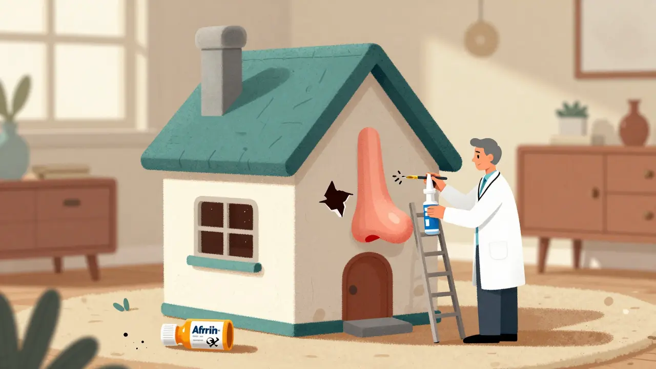 Nose-shaped house being repaired with saline and Flonase while decongestant spray is discarded