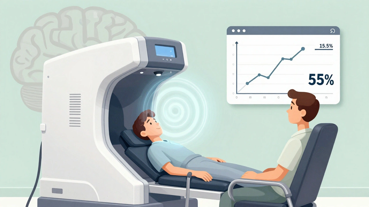 Patient receiving rTMS therapy in clinic, with glowing mood progress chart nearby.