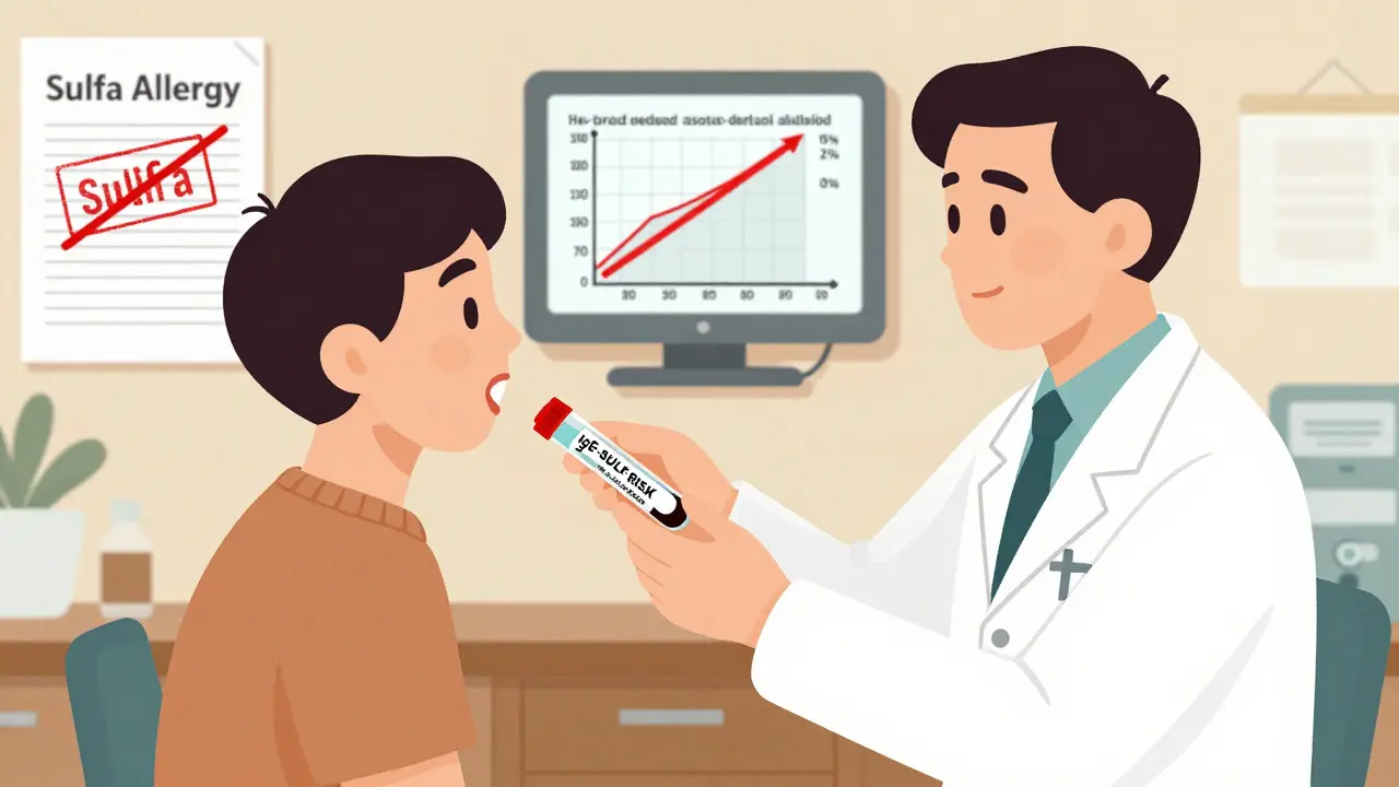 Patient undergoing a supervised drug challenge with allergist, while a screen shows improved antibiotic use statistics.