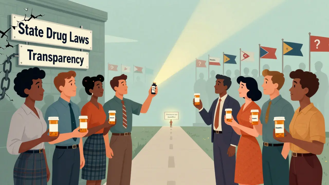 People hold prescriptions in front of blocked state drug laws, with one holding a GoodRx receipt as a light source in mid-century cartoon style.