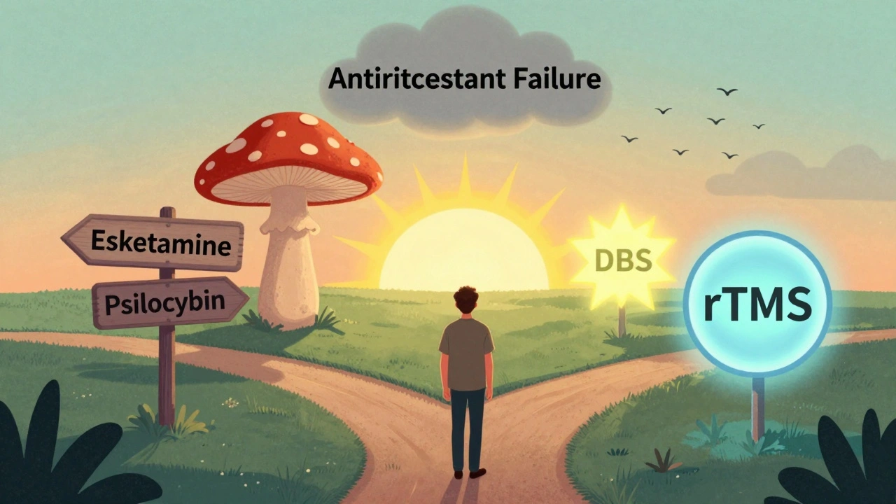 Person at therapeutic crossroads with paths to esketamine, psilocybin, DBS, and rTMS.