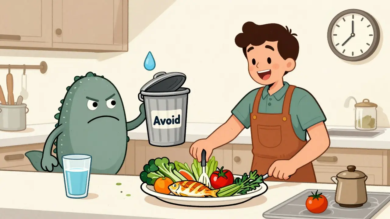 Person cooking fresh food while discarding sodium monsters in a retro kitchen scene.
