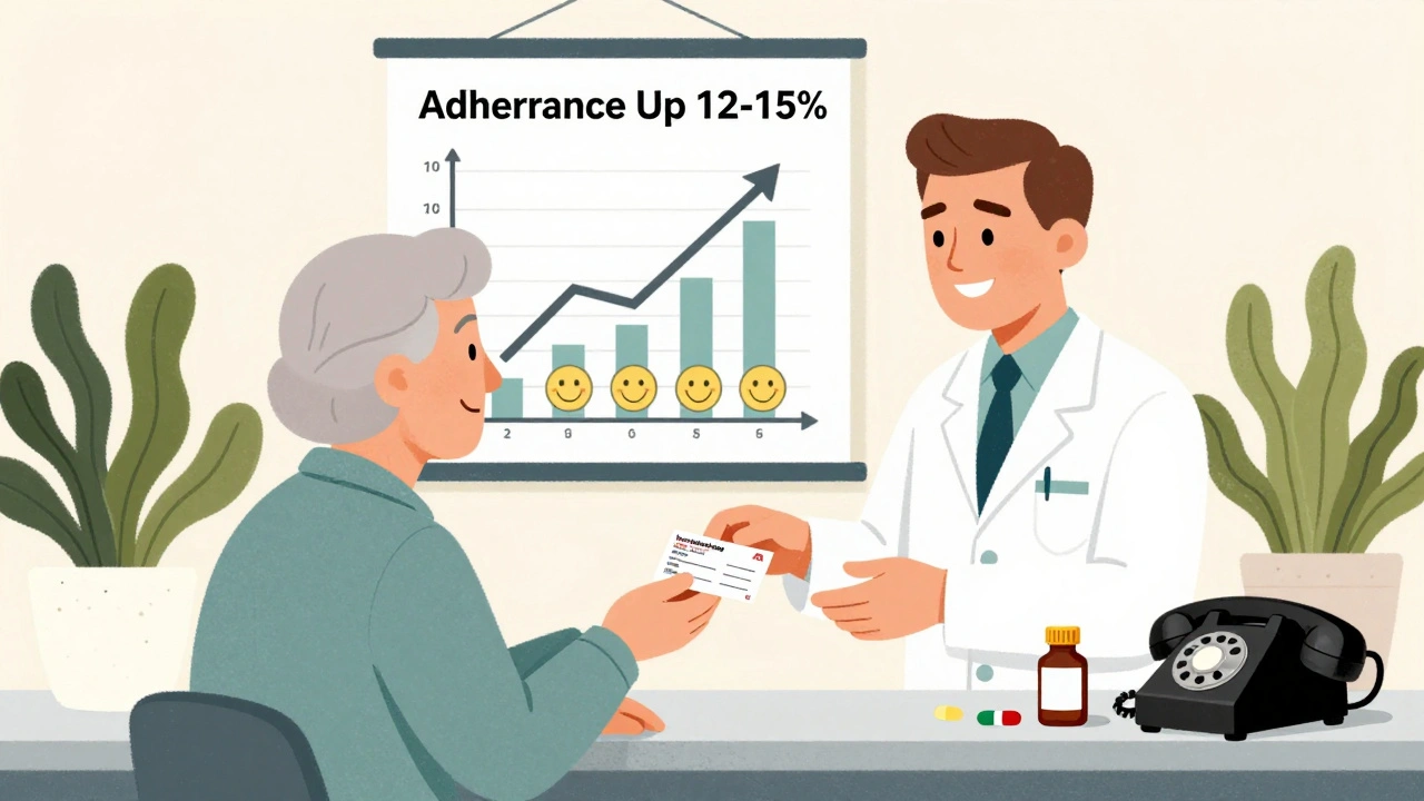 Pharmacist handing a prescription to a patient with a chart showing improved adherence and stylized wellness icons.