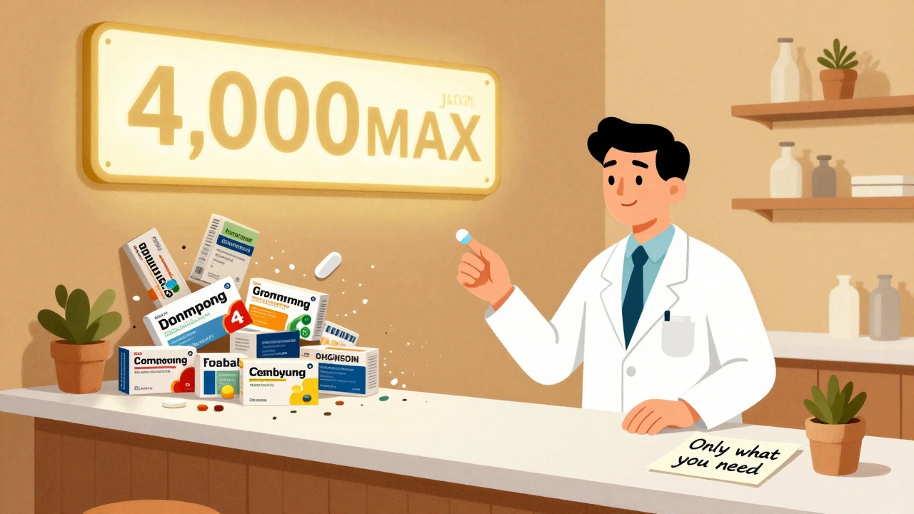 Pharmacist pointing to a single pill as multi-symptom medicines crumble, with a &#039;4,000mg MAX&#039; sign above.