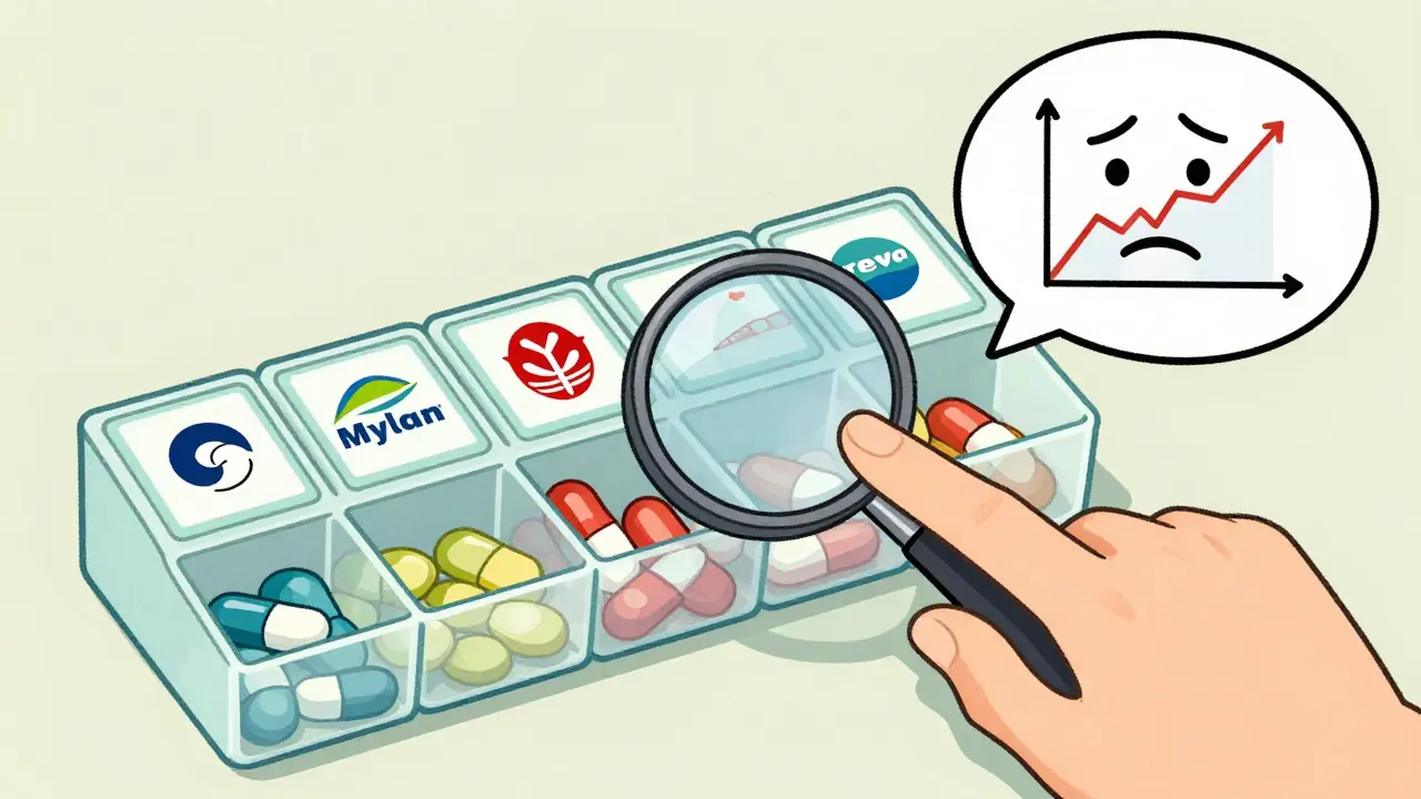 Pill organizer with varied pills and magnifying glass over one, with fluctuating blood level graph.