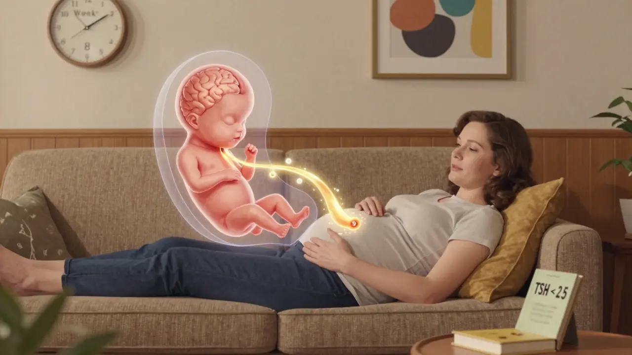Pregnant woman with golden T4 flow nourishing her baby's developing brain in a 1960s living room.
