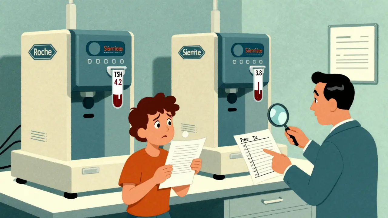 Retro lab machines printing conflicting thyroid test results while a patient looks confused.