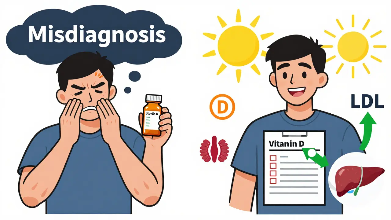 Split illustration: patient with muscle pain vs. same person thriving on adjusted statin therapy.