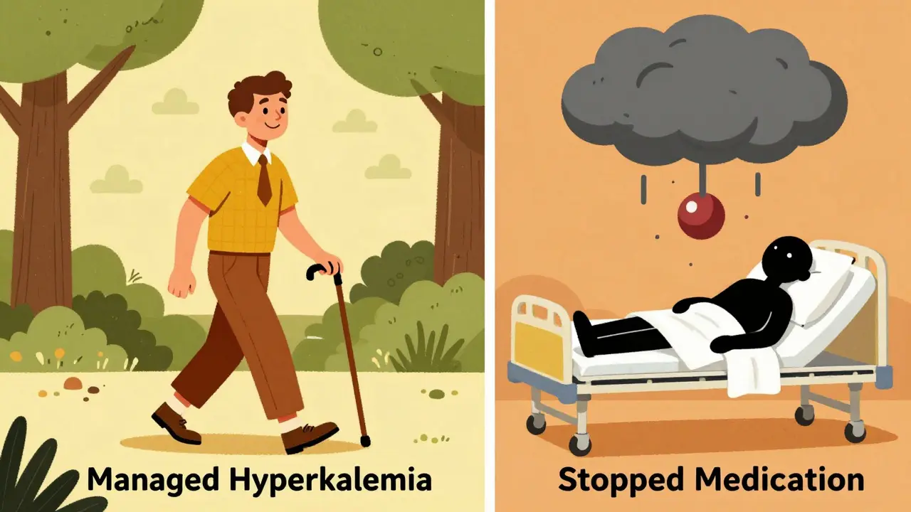 Split scene: a healthy patient walking versus a hospitalized figure, with a potassium molecule as a storm cloud above.