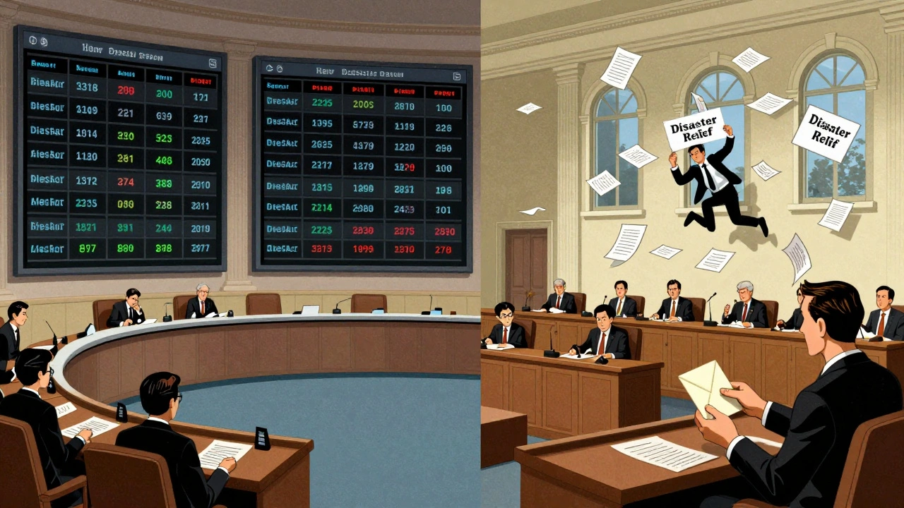Split scene of efficient House vs chaotic Senate, with a lobbyist influencing committee staff in mid-century cartoon style.