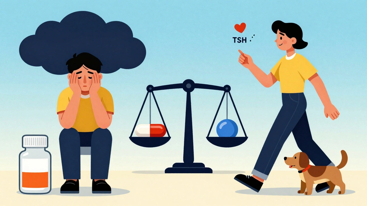 Split scene: person feeling tired beside new generic pill vs. energized with original brand, balanced by a symbolic scale.