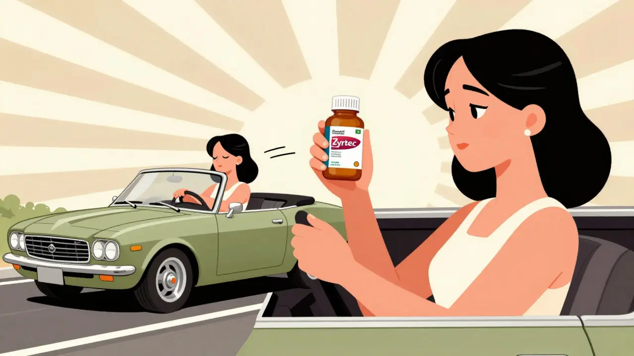 Split-screen illustration: one side shows a drowsy driver, the other an alert person holding a non-sedating allergy pill.
