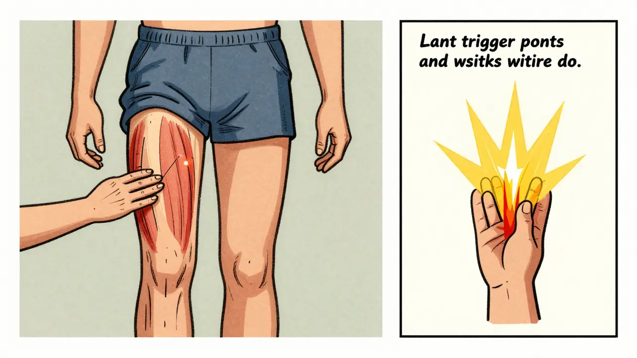 Therapist performing dry needling on glute with pain referral lines and twitch response visible