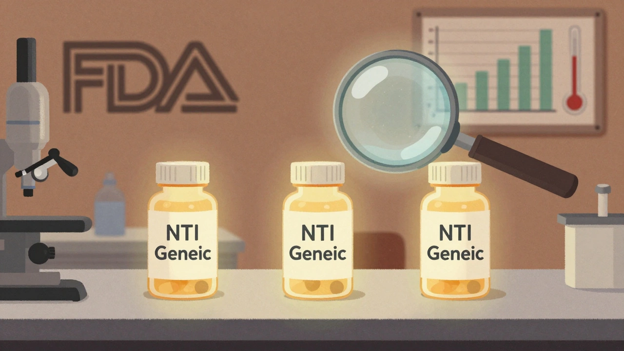 Three identical NTI generic pill bottles glowing uniformly, with microscopic consistency revealed under magnification.