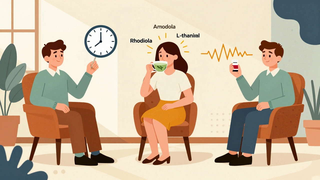 Three people using different cognitive enhancers — modafinil, natural stack, and stimulant — in a geometrically styled room with floating labels.