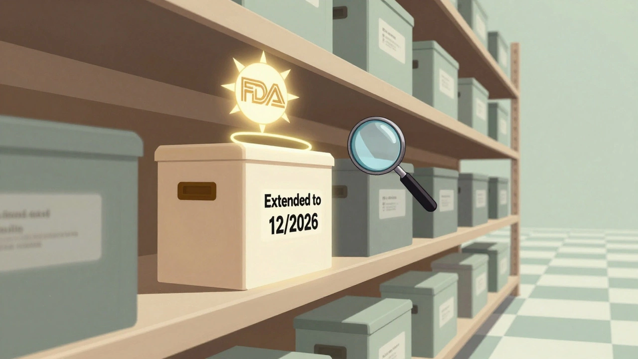 Warehouse shelf with one IV crate glowing with extended expiration approval, surrounded by ordinary crates under a stylized FDA emblem.