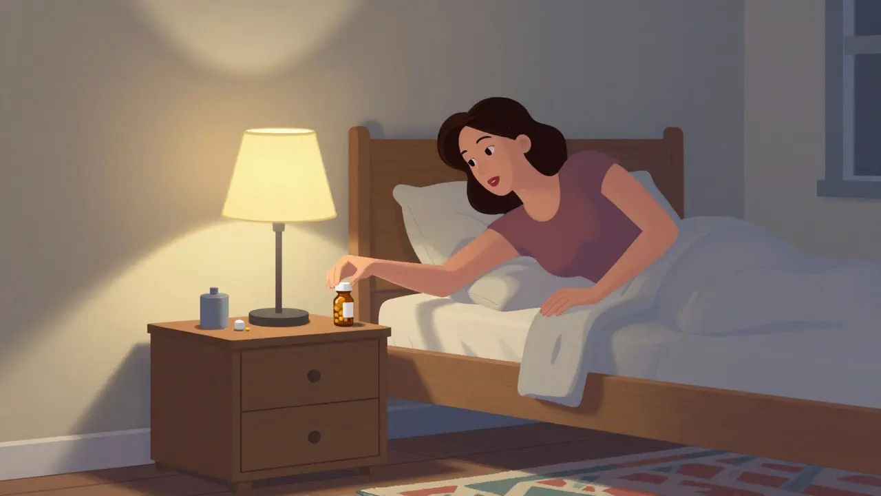 Woman taking nighttime pill after turning off bedroom lamp