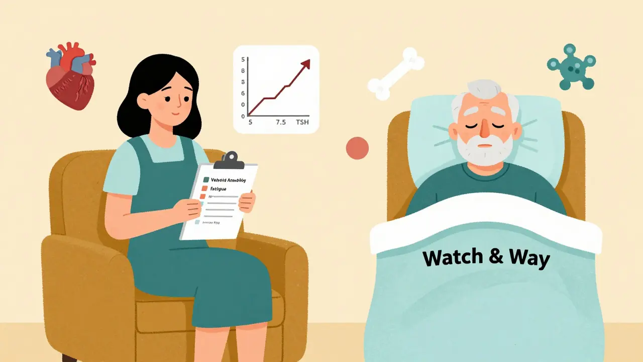 Young woman with rising TSH and older man with stable TSH, both in mid-century settings.