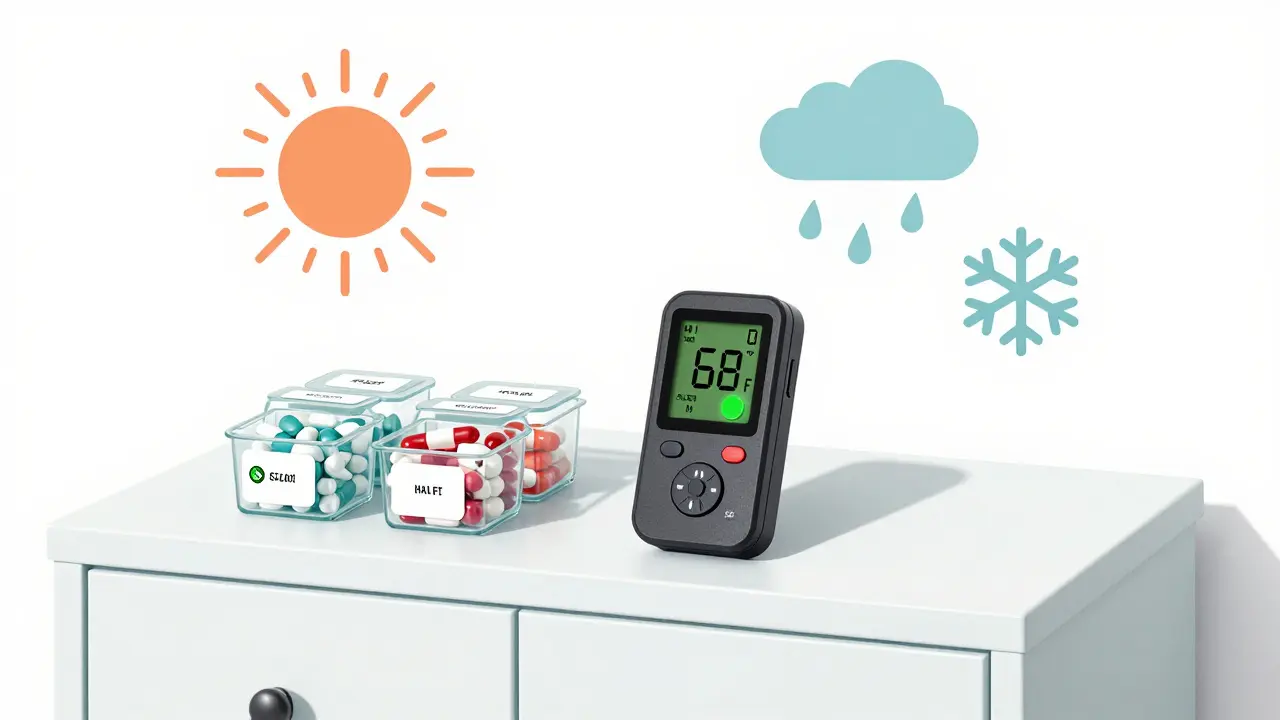 A clean medicine cabinet with a data logger showing safe temperature, organized pills, and weather icons floating away.