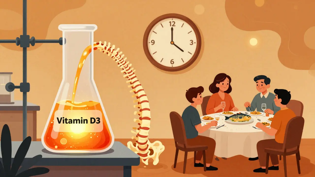 A glowing vitamin D3 supplement pouring into a spine and hip bone, with a dinner scene and a three-month clock.