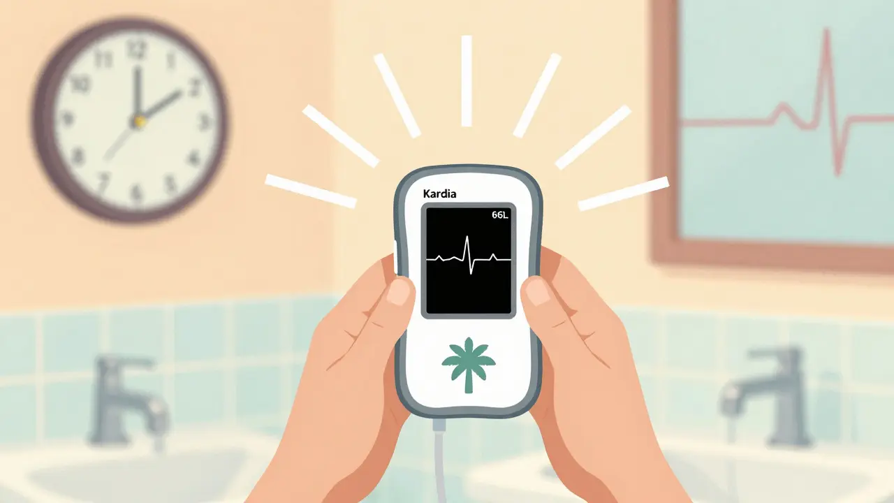 A KardiaMobile device being used with ECG leads radiating like sunbeams in a bathroom.