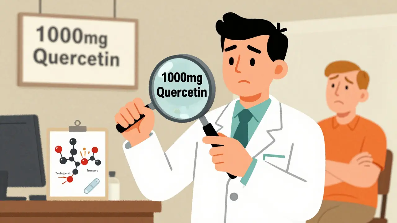 A pharmacist examining a quercetin label with molecular interference diagrams nearby.