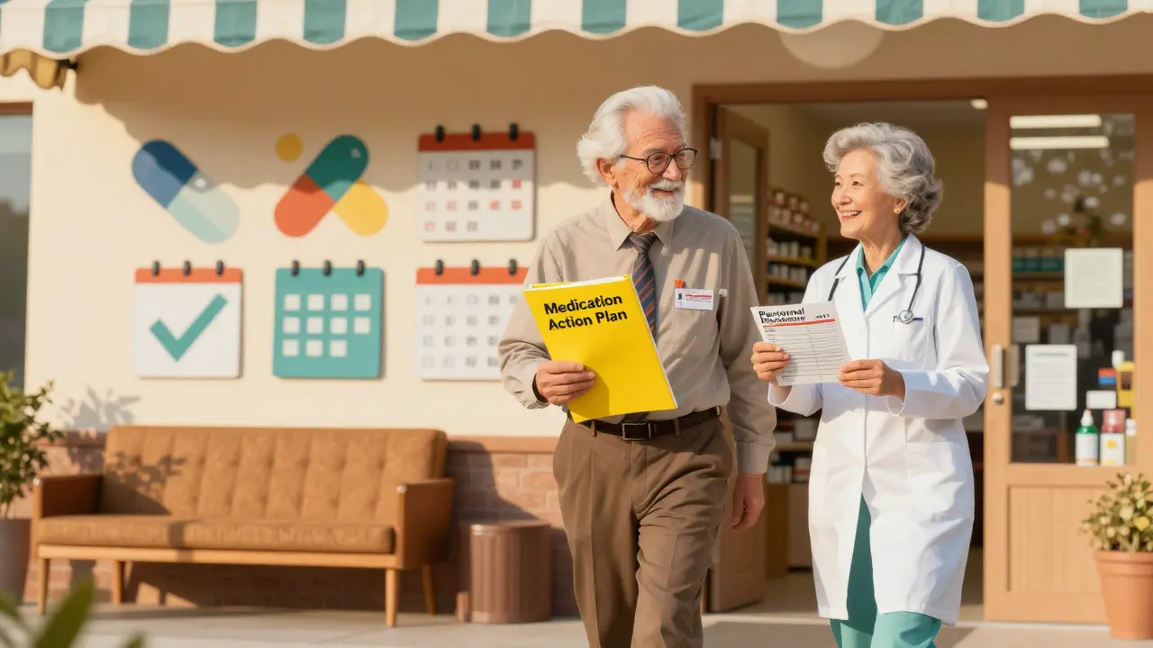 A senior leaving a pharmacy with a medication action plan folder and wallet-sized medication list.