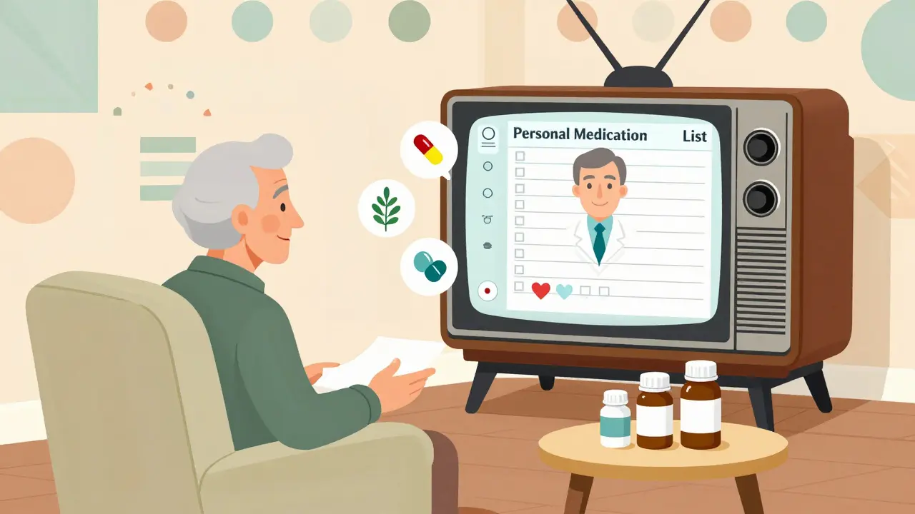 A senior video calling a pharmacist while surrounded by pill bottles, with a digital medication list on screen.