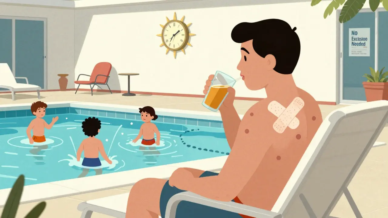 An adult with a covered bump relaxes by a pool while children play, normalized and stigma-free.