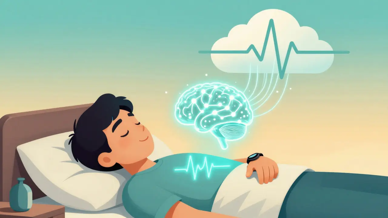 An AI brain analyzing heart data from a smartwatch beside a sleeping person.