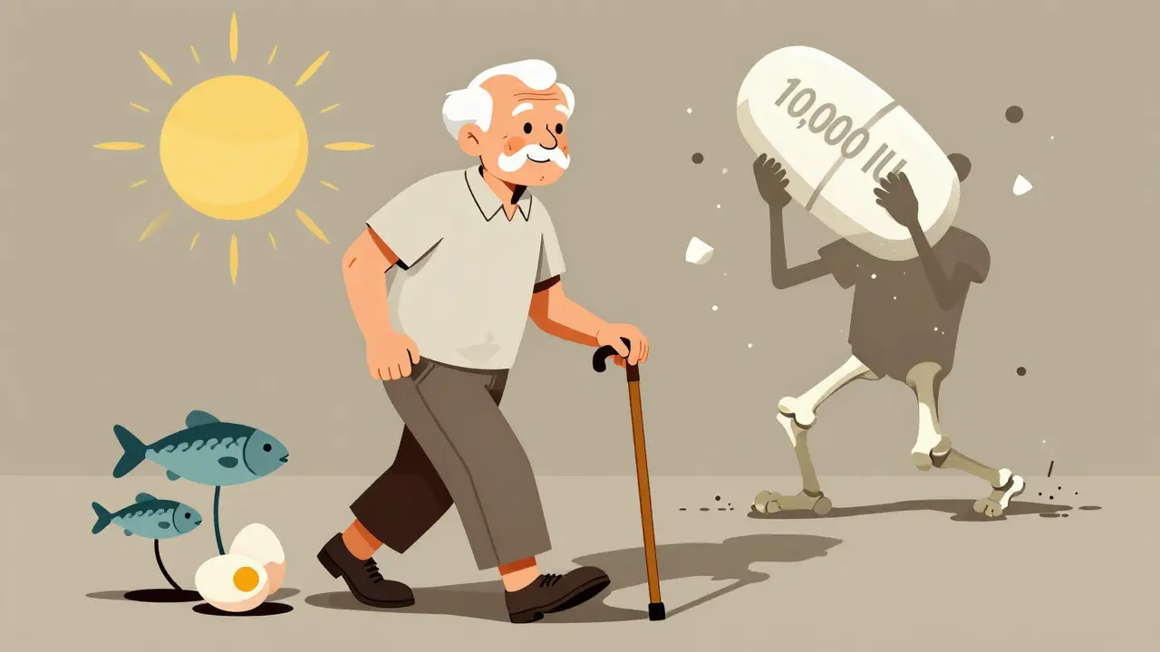 An elderly person walking strong beside sunlight and food, while another crumbles from an oversized vitamin pill.