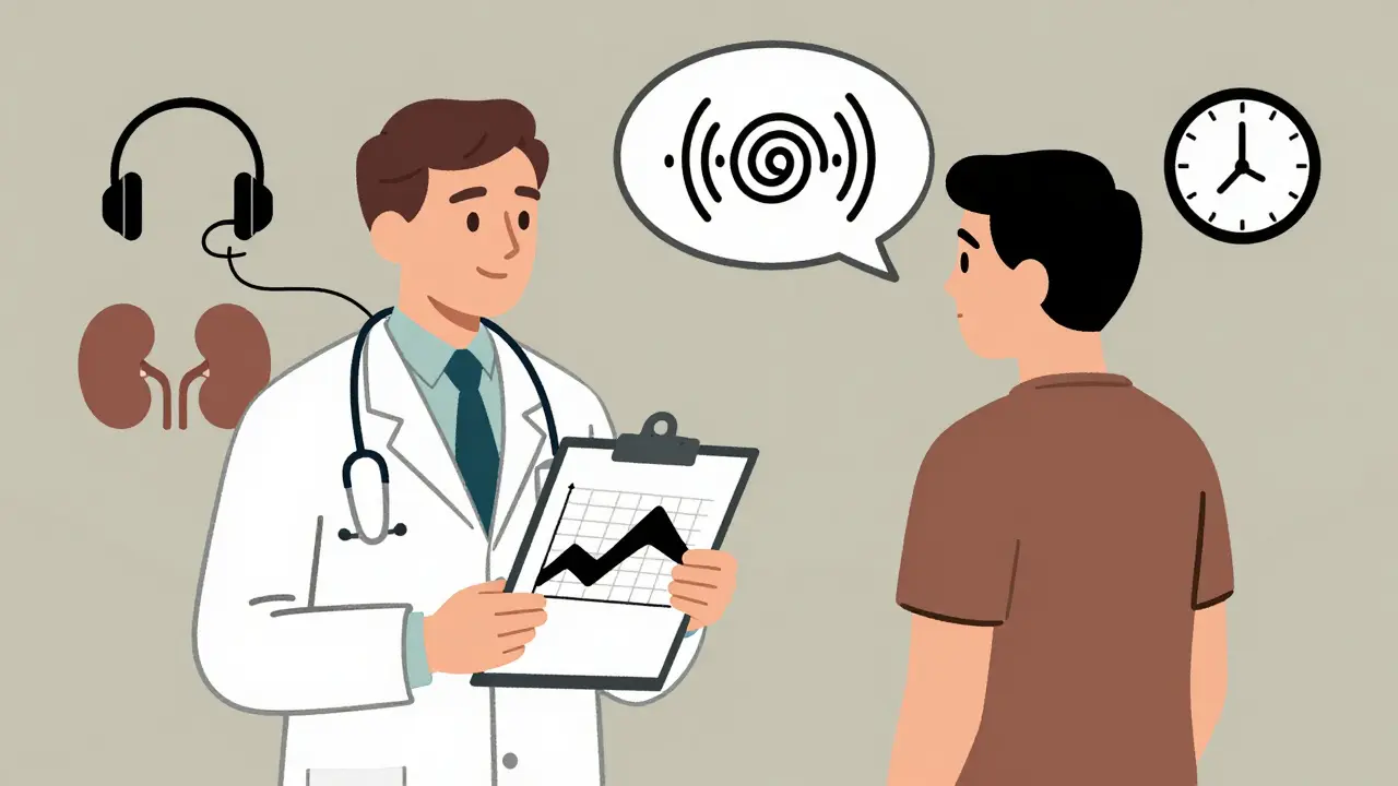 Doctor and patient with audiogram graph and hearing test icons in retro illustration style.