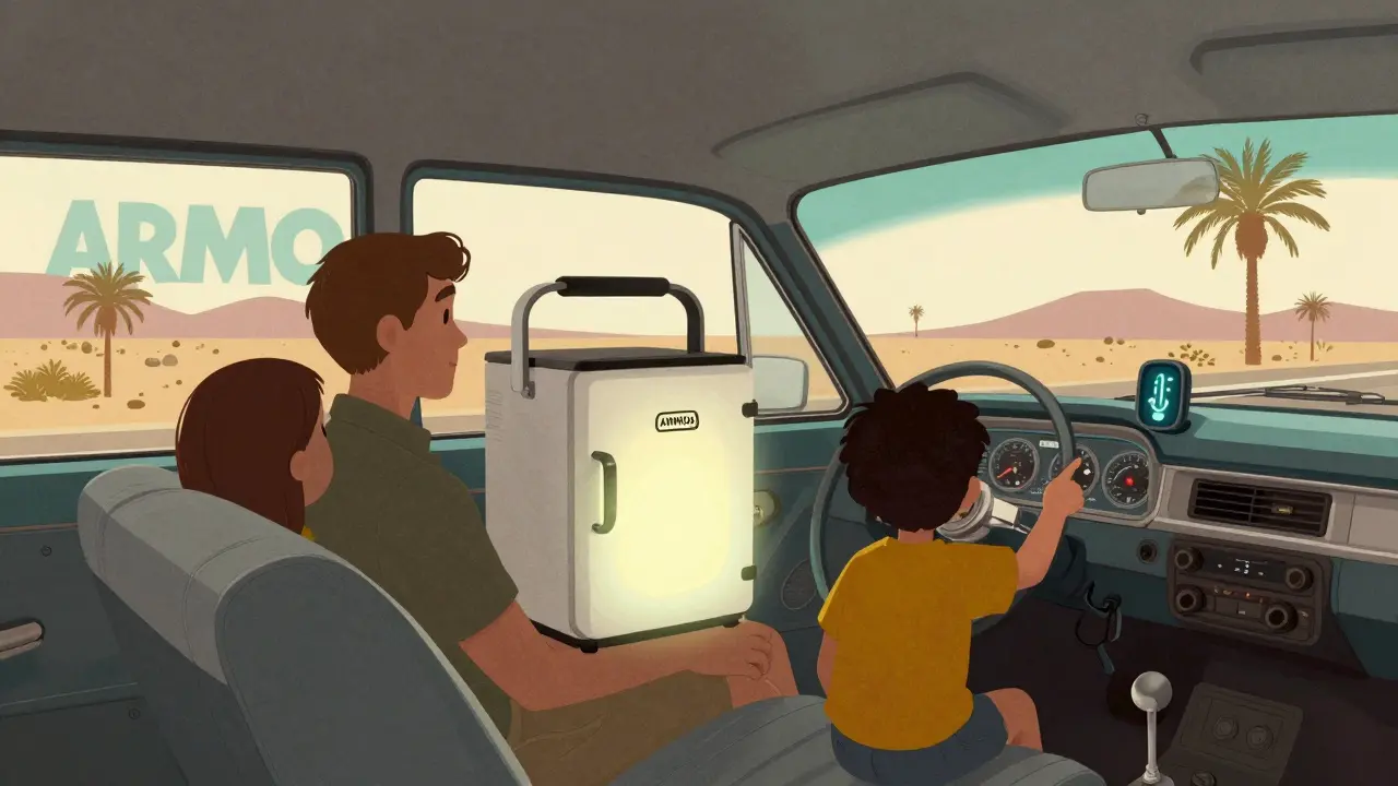 Family on road trip with portable medical fridge glowing in back seat, temperature alert visible.