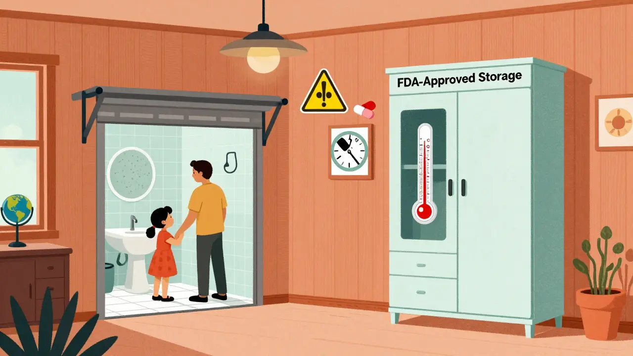 Family storing medicine in unsafe conditions versus proper storage, with temperature warnings and climate change symbol.
