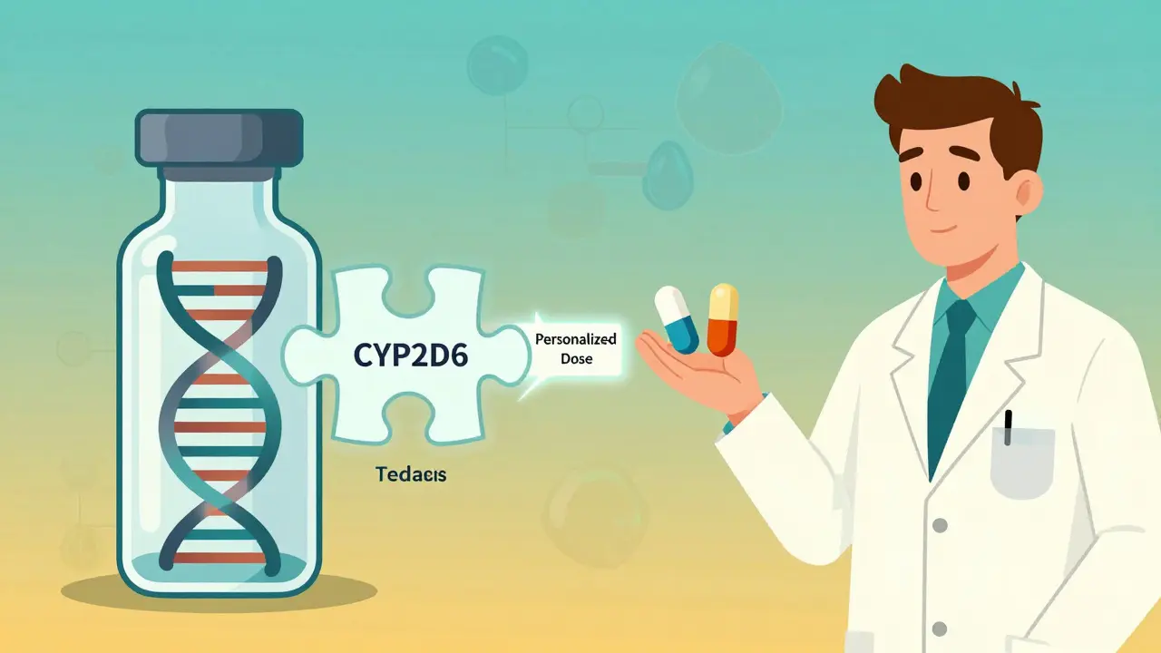 Genetic test vial connected to personalized pills, symbolizing tailored medication dosing