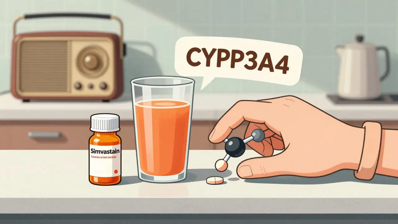 Grapefruit juice and statin pill on counter with molecular hand blocking interaction