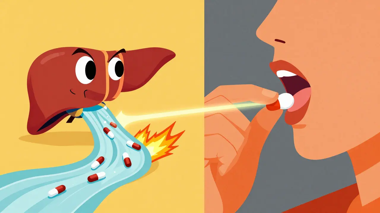 Liver filtering pills with flame jets versus sublingual drug delivery in 1960s color palette