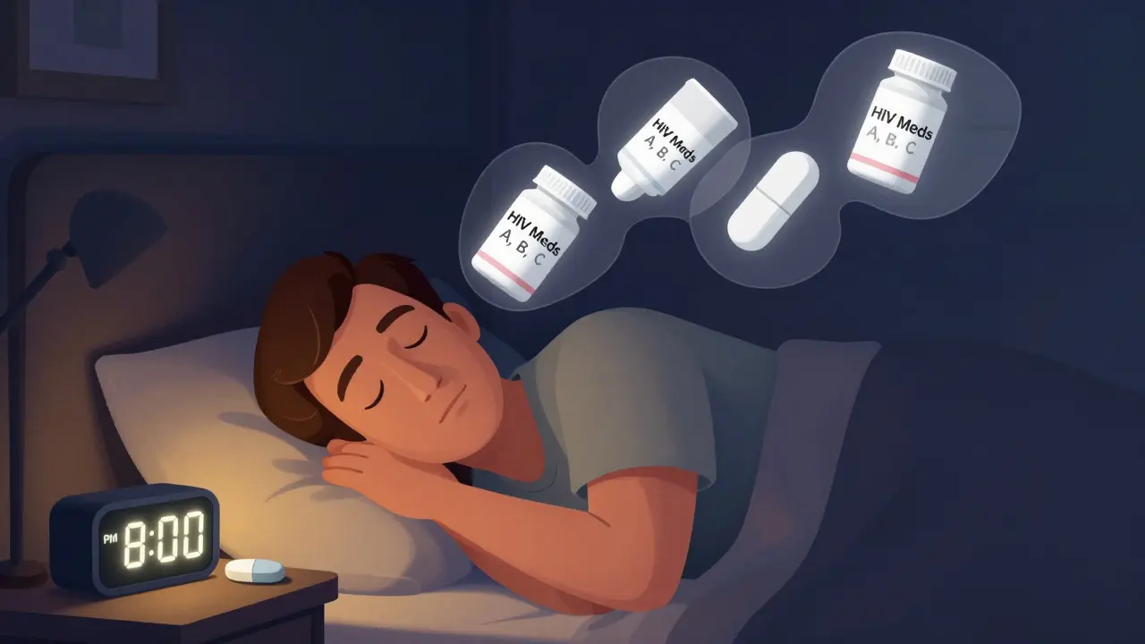 Man sleeping peacefully as three HIV pills dissolve into one, with a single pill on the nightstand.