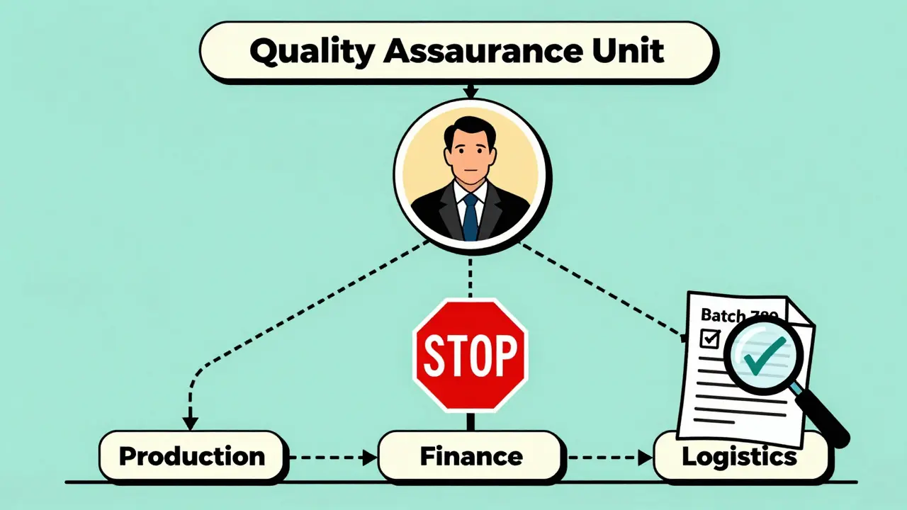 Organizational chart showing Quality Assurance reporting directly to CEO, with production lines crossed out