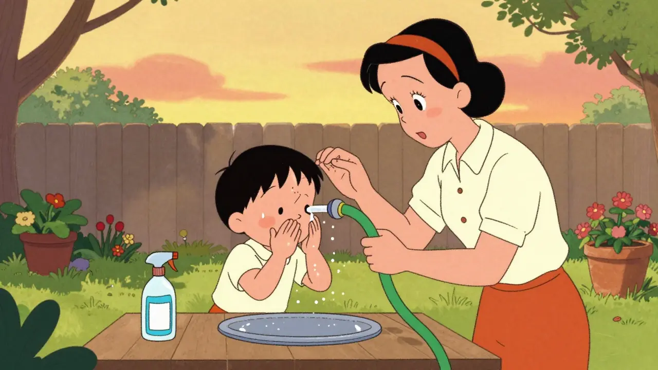 Parent helping child rinse eye with garden hose in backyard, calm scene with vintage decor and plants