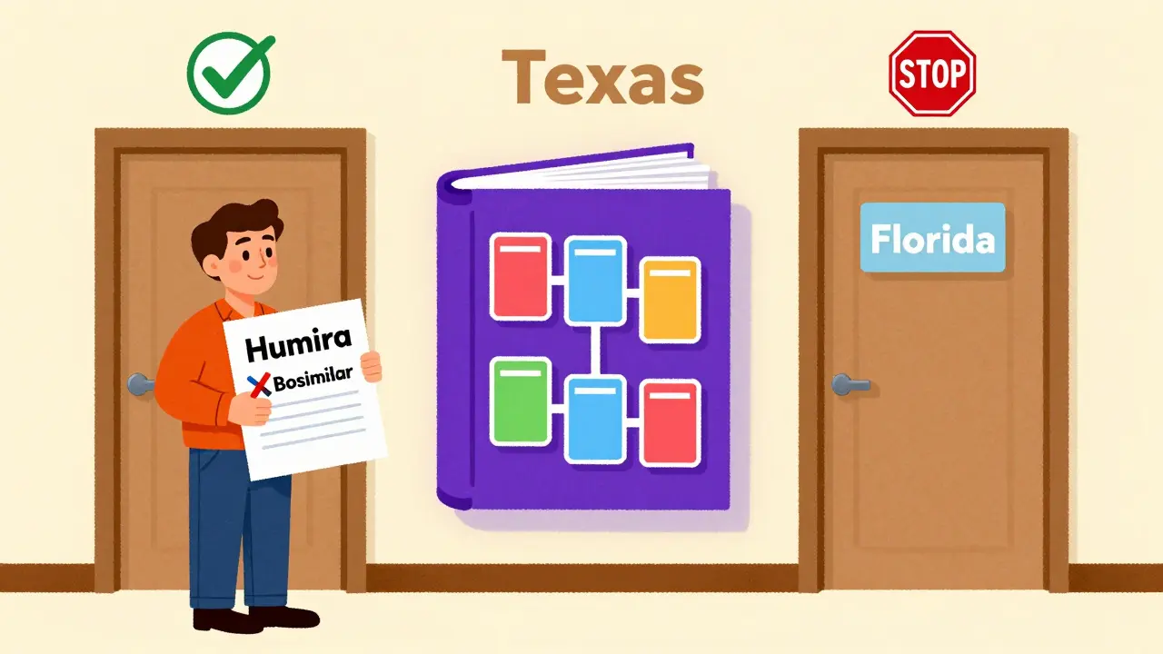 Patient between state doors labeled Texas and Florida, with a Purple Book showing regulatory differences for biosimilars.