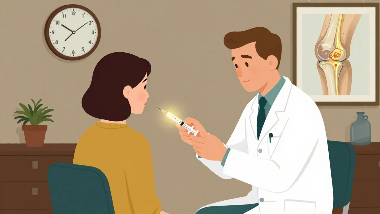 Patient receiving knee injection in a mid-century doctor's office with vintage decor and joint illustration on wall.