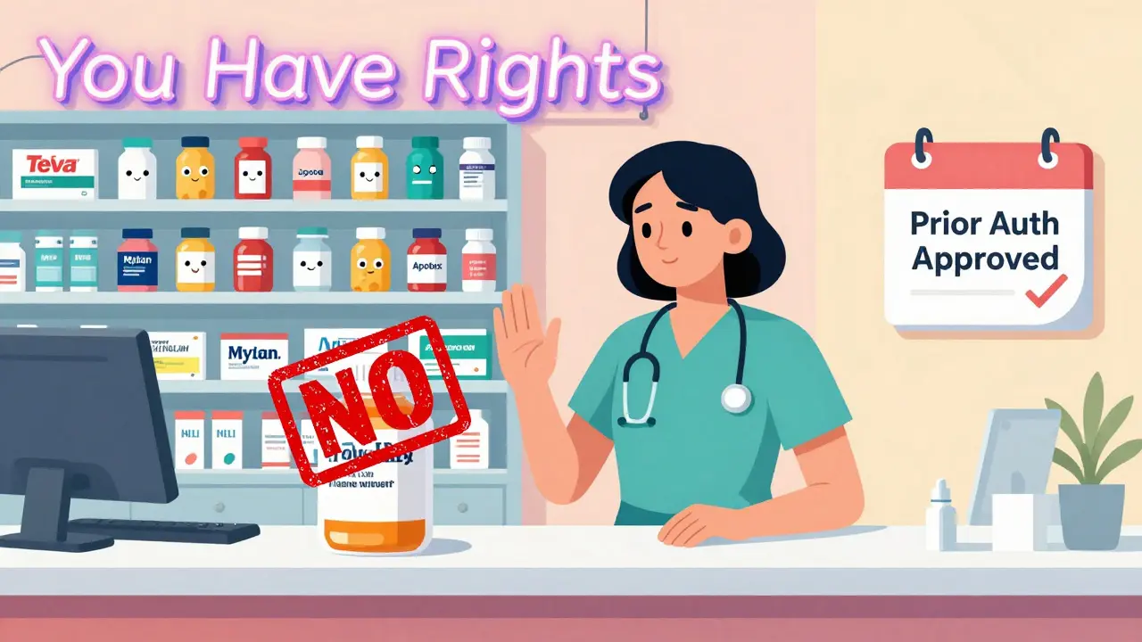 Patient refusing generic substitution with labeled pill bottles and a 'You Have Rights' neon sign.