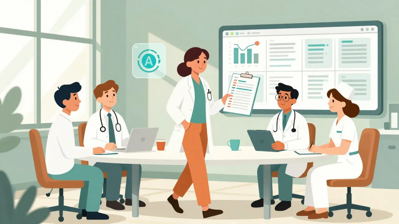 Patient shares medication list with three providers at a circular table, as AI scans and unifies their records.