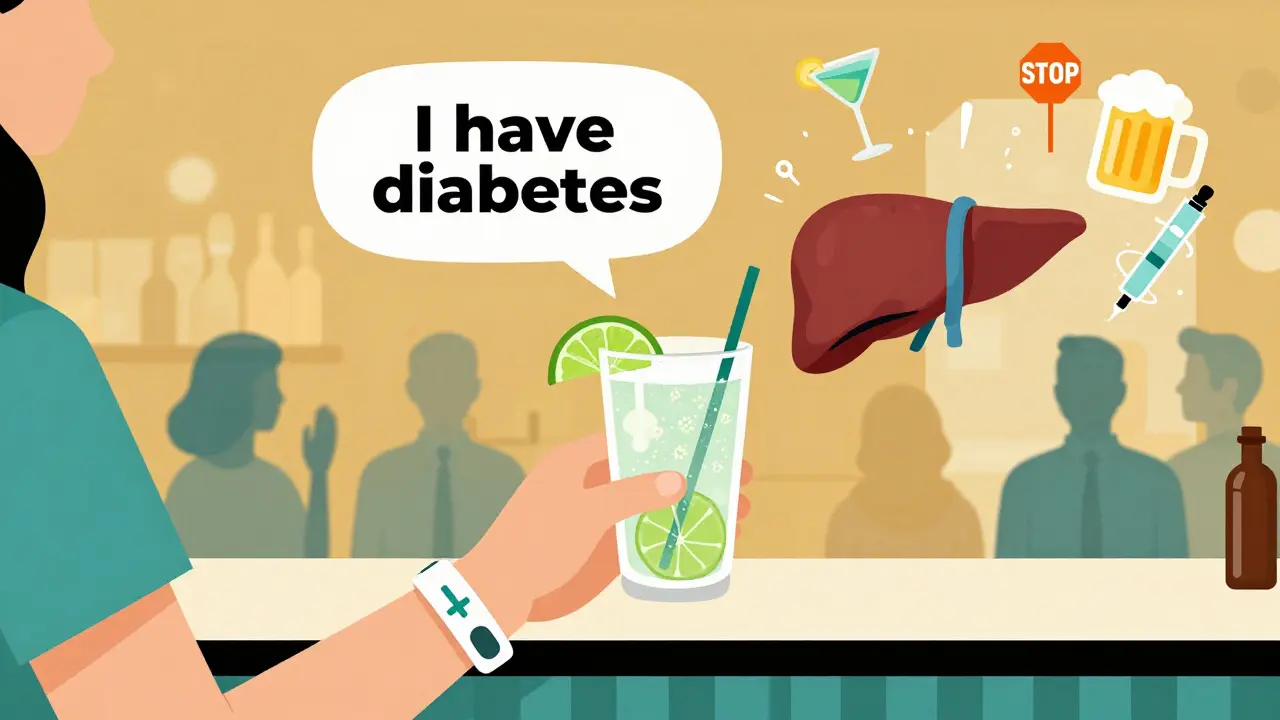 Person at bar with medical bracelet and vodka soda, cartoon liver with stop sign nearby, sugary drinks around.