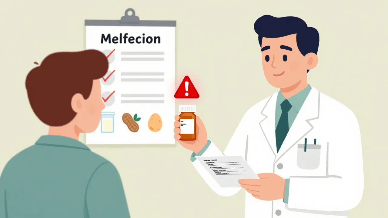 Pharmacist explaining prescription inactive ingredients to patient with allergy checklist on wall.