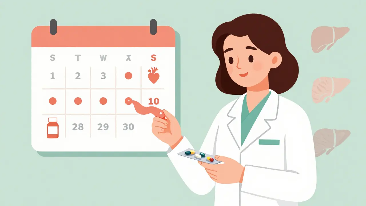 Pharmacist filling a weekly blister pack while traditional pill bottles fade into a four-times-a-day calendar.